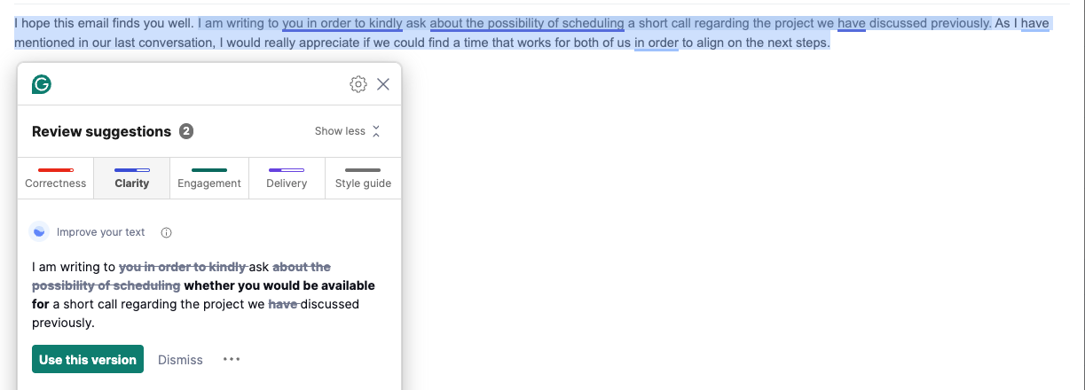 Grammarly Review suggestions panel on Clarity tab showing edits for the example email