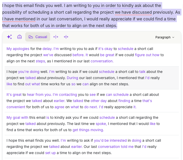 Wordtune popup showing 10 Casual-tone rewrites for the example email