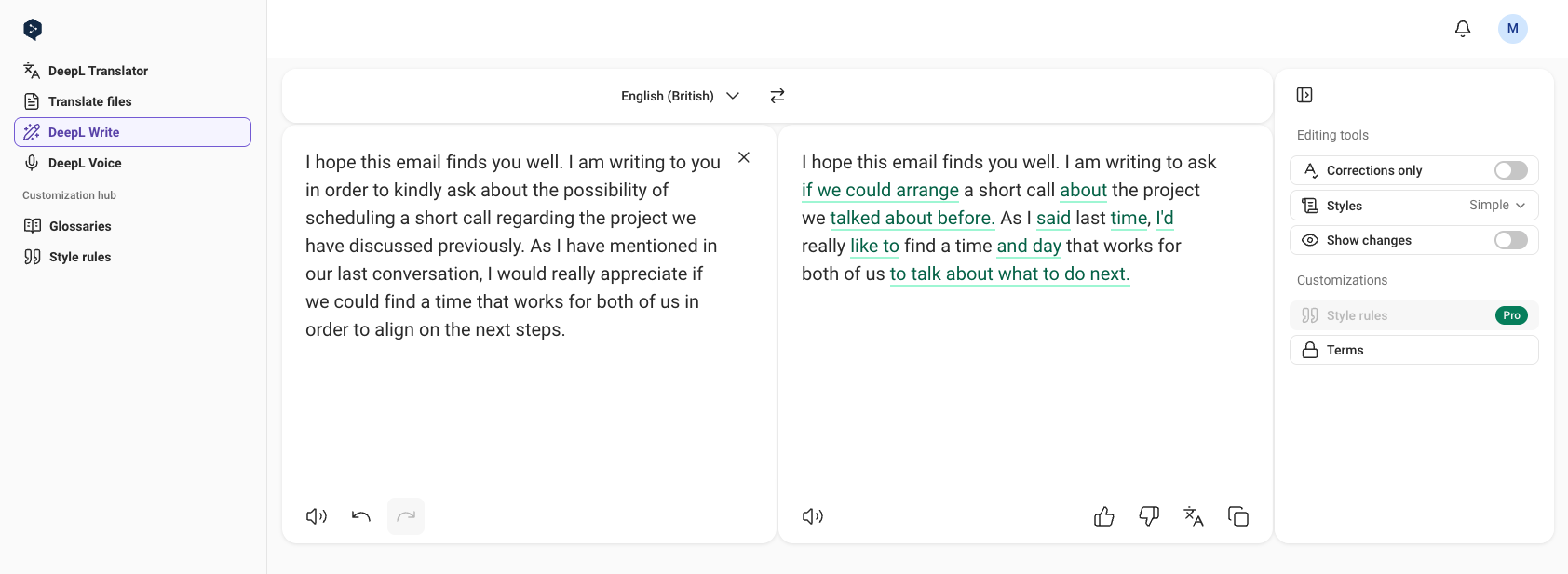 DeepL Write Simple style rewrite of the example email shown in the web app