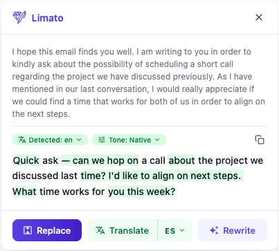 Limato Chrome extension popup showing Native tone rewrite of the example email