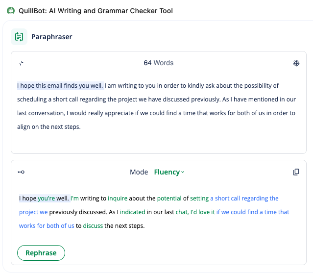 QuillBot popup showing Fluency-mode rewrite of the example email