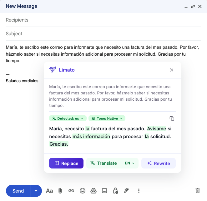 Captura del popup de Limato mostrando la reescritura en tono Native del email a María