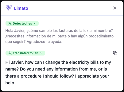 Captura de Limato traduciendo el mensaje a Javier del español al inglés en contexto