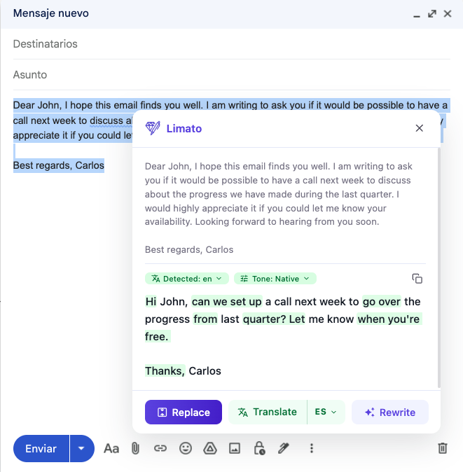 Captura del popup de Limato mostrando la reescritura del email de Carlos en tono Native